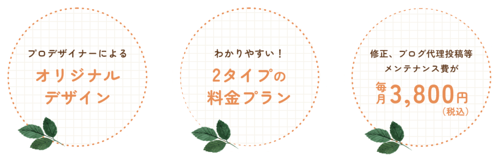 1,プロデザイナーによるオリジナルデザイン 2,わかりやすい！2タイプの料金プラン 3,修正、ブログ代理投稿等メンテナンス費が毎月3,800円